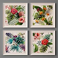 Tropical Floral Art Prints In White Frames With Green Leaves And Colorful Flowers