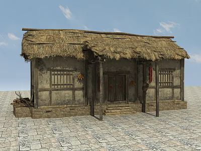 Traditional Thatched House With Thatch Roof Wooden Structure And Stone Brick Ground 3d model