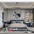 Kids Room Interior Design With Blue Gray Tones Moon Star Decorations Bookshelves And Stuffed Toys