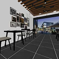 Stylish Restaurant Interior Design With Wooden Walls Ceiling Beams Black Tiled Floor And Wall Art