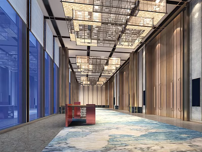 Modern Hotel Lobby Interior With Wooden Walls Large Chandeliers Patterned Carpet And Red Reception Desk 3d model