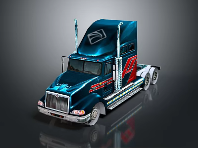 Dark Blue Heavy Duty Truck With Metallic Red Stripes Cab Front Grille And Roof Structures 3d model
