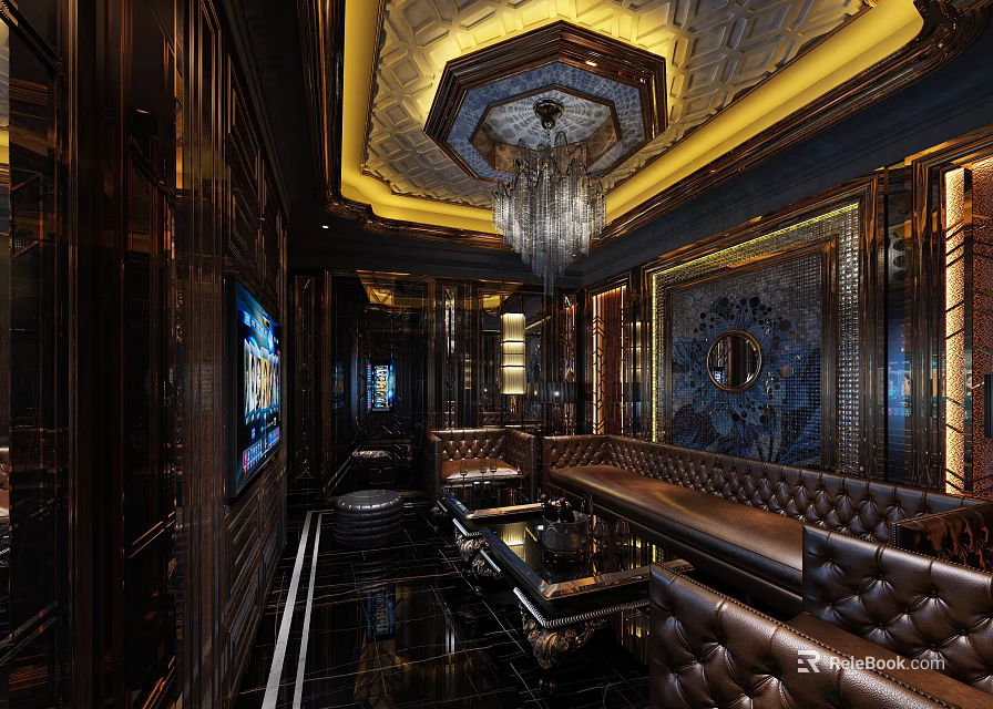 Luxury KTV Room Interior With Leather Sofas Chandelier TV And Mirror Decor 3d model 
