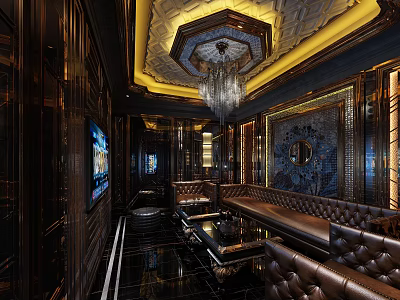 Luxury KTV Room Interior With Leather Sofas Chandelier TV And Mirror Decor 3d model