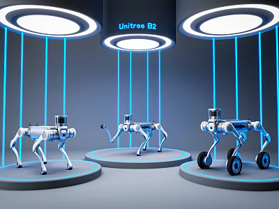 Intelligent Machines Unitree B2 Robots on Circular Platforms With Blue Lines and Circular Lights 3d model