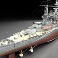 Detailed Battleship Warship Model With Multiple Decks Turrets And Red Hull