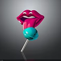 Colorful Lip Shaped Lollipop With Blue Ball And White Stick On Dark Background