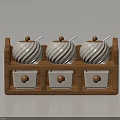 Ceramic Spice Jars With Lids On Wooden Rack Featuring Small Drawers
