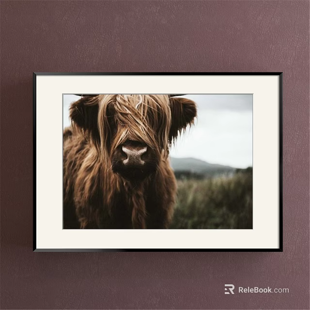 Framed Animal Painting of Highland Cow with Long Hair and Natural Mountain Background 3d model 