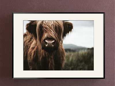 Framed Animal Painting of Highland Cow with Long Hair and Natural Mountain Background 3d model