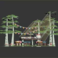 Animals Having Party In Forest With Round Table Cake Food And Chairs