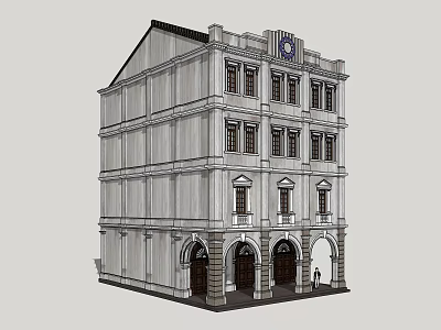Classical Style Multi Storey Commercial Complex With Arched Doorways Clock And Windows 3d model