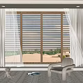 Grey Curtains With White Sheer Panels And Wooden Window Slats In Cozy Room Interior