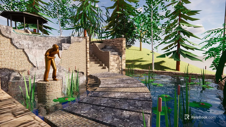 Outdoor Garden Scene With Stone Steps Pond Statue And Green Trees Around 3d model 