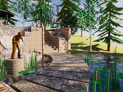 Outdoor Garden Scene With Stone Steps Pond Statue And Green Trees Around 3d model