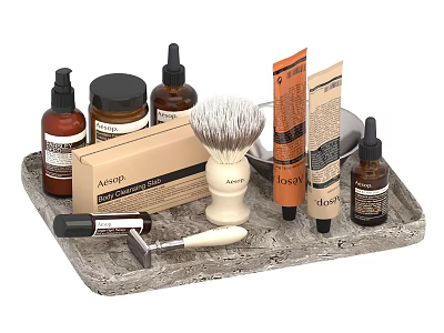 Men's Grooming Products On Stone Tray With Brush Razor 3d model