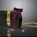 Stylish Black Handbag With Green Red Stripes Golden Buckle Chain And Bow Ribbon
