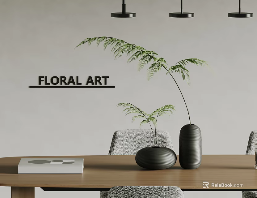 Wooden Coffee Table With Floral Art Green Plant And Black Vases In Minimalist Interior 3d model 