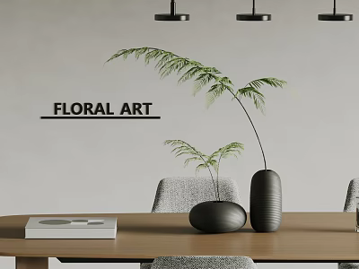 Wooden Coffee Table With Floral Art Green Plant And Black Vases In Minimalist Interior 3d model