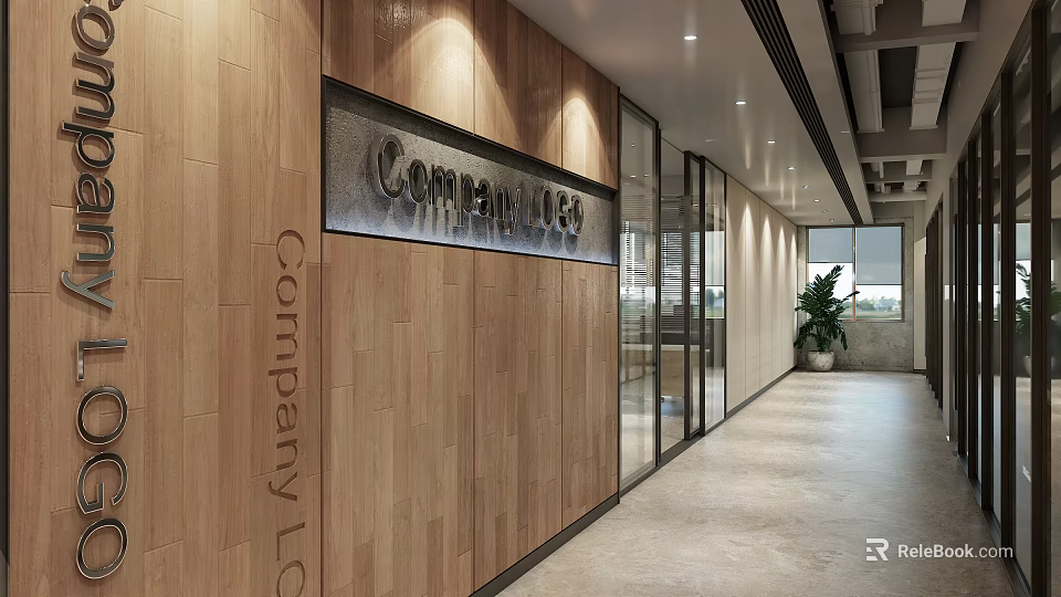 Modern Office Corridor With Wooden Wall Company Logo Glass Doors And Potted Plant 3d model 