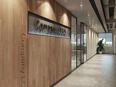 Modern Office Corridor With Wooden Wall Company Logo Glass Doors And Potted Plant 3d model