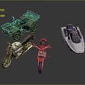 Two Stylish Black and Red Motorcycles with Green ATV and White Jet Ski Displayed Together