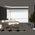Modern Living Dining Room Interior With Beige Sofa Round Coffee Table And Patterned Rug 3d model