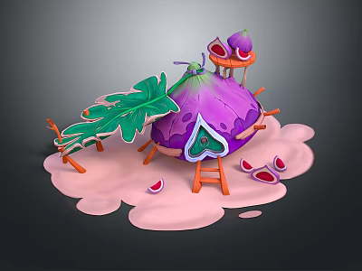 Cartoon Scene with Purple Fruit House Green Leaves Ladder Pink Ground and Sliced Fruits 3d model