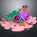 Cartoon Scene with Purple Fruit House Green Leaves Ladder Pink Ground and Sliced Fruits