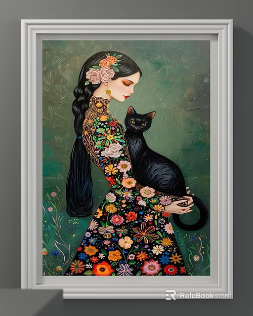 Portrait Painting of Woman in Floral Dress Holding Black Cat with Flowers in Green Background 3d model 
