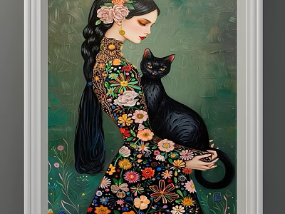 Portrait Painting of Woman in Floral Dress Holding Black Cat with Flowers in Green Background 3d model