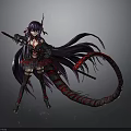 Woman With Purple Long Hair Holding Weapon And Red Black Tail In Black Red Outfit