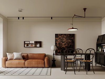 Living And Dining Room With Brown Leather Sofa Black White Rug Hanging Lamp Decorative Painting 3d model