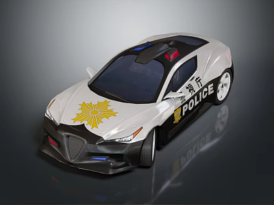 Functional Police Vehicle with Modern Sports Car Design Black White Yellow Livery Police Lights Emblem 3d model