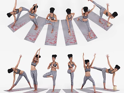 Woman Doing Various Yoga Poses On Yoga Mat In Different Positions 3d model