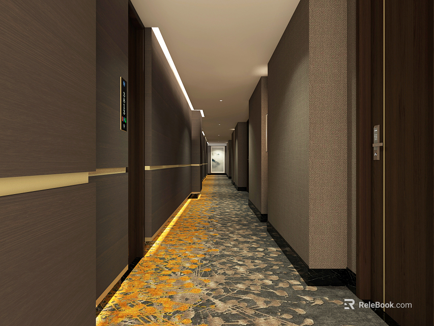 Elegant Hotel Corridor Interior Design With Warm Lighting Floral Carpet And Wooden Walls 3d model 