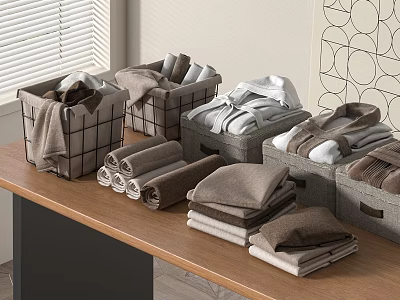 Folded Brown And White Towels In Grey Storage Baskets On Wooden Table With Wall Decor 3d model