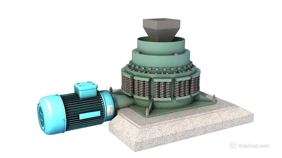 Industrial Crushing Equipment With Green Main Body Blue Motor Springs And Concrete Base 3d model 