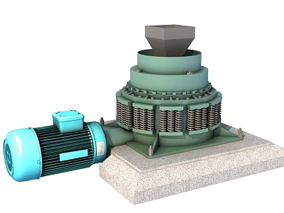 Industrial Crushing Equipment With Green Main Body Blue Motor Springs And Concrete Base 3d model
