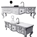 Elegant White Wash Basin Vanity with Black Countertop Decorative Legs and Drawers Faucet