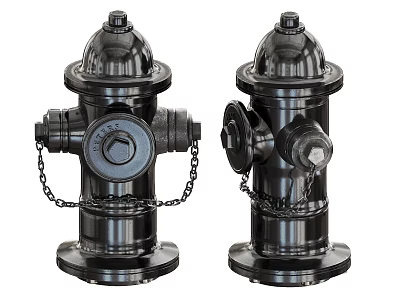 Two Black Fire Hydrants With Chains Top Caps And Base Structure 3d model