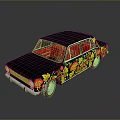 Vintage Car With Yellow Red Floral Patterns Dark Roof Red Windows Red Rim Wheels