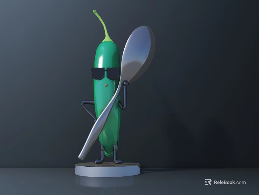 Cute Anthropomorphic Green Chili Doll Wearing Sunglasses Holding Spoon On Base 3d model 
