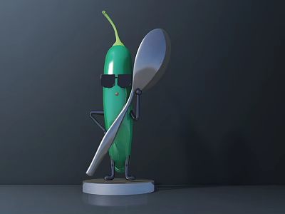 Cute Anthropomorphic Green Chili Doll Wearing Sunglasses Holding Spoon On Base 3d model