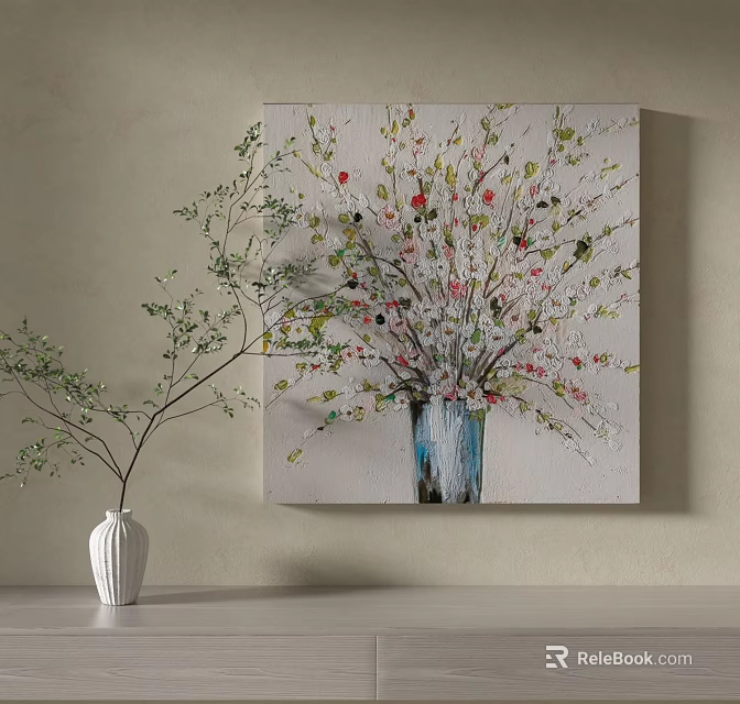 Vibrant Floral Painting With Blue Vase And Colorful Blooms Near White Vase Decor 3d model 