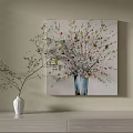 Vibrant Floral Painting With Blue Vase And Colorful Blooms Near White Vase Decor