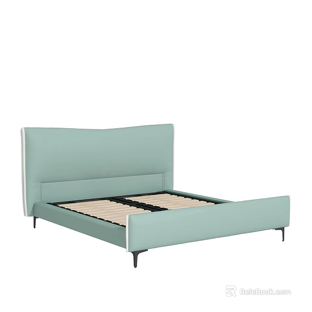 Modern Light Green Double Bed With Upholstered Headboard And Black Legs 3d model 