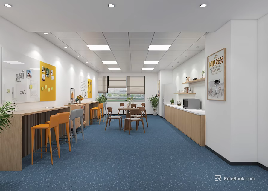 Modern Break Room With Blue Carpet Bar Counter Tables Chairs Plants Cabinets And Bulletin Board 3d model 