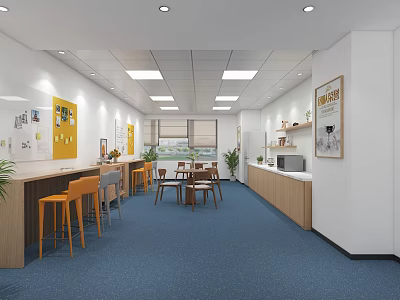 Modern Break Room With Blue Carpet Bar Counter Tables Chairs Plants Cabinets And Bulletin Board 3d model