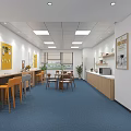Modern Break Room With Blue Carpet Bar Counter Tables Chairs Plants Cabinets And Bulletin Board